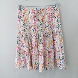 Midi Skirt XL White With Multicolor Floral Print Tiered Skirt Elastic Waist
